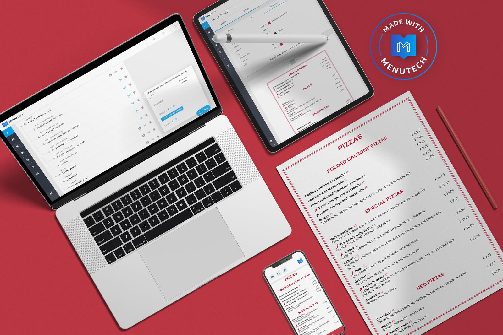 Pizzeria menu made on Menutech