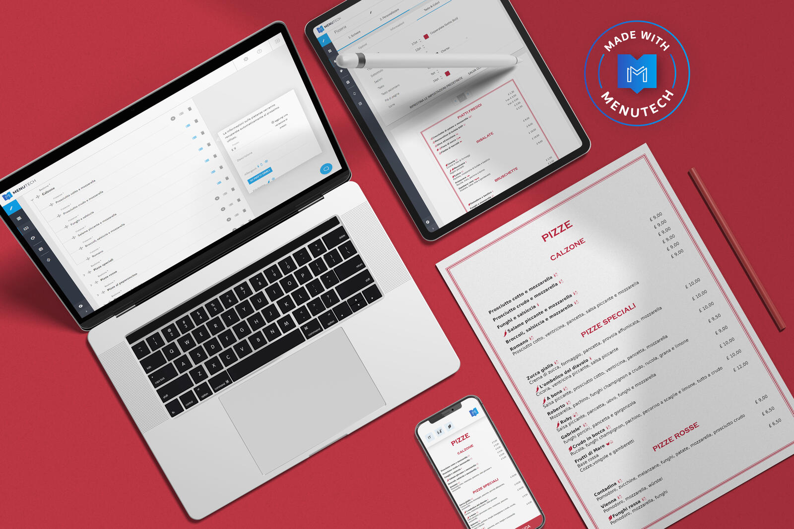 Pizzeria menu made on Menutech